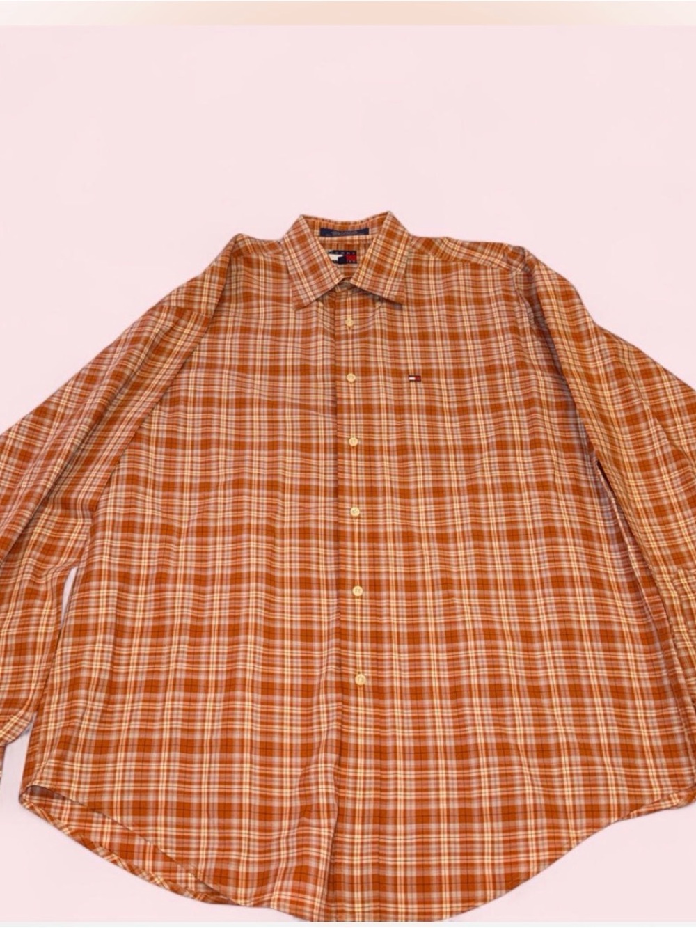 Vintage Tommy Hilfiger Men's Orange Plaid Button-Down Shirt